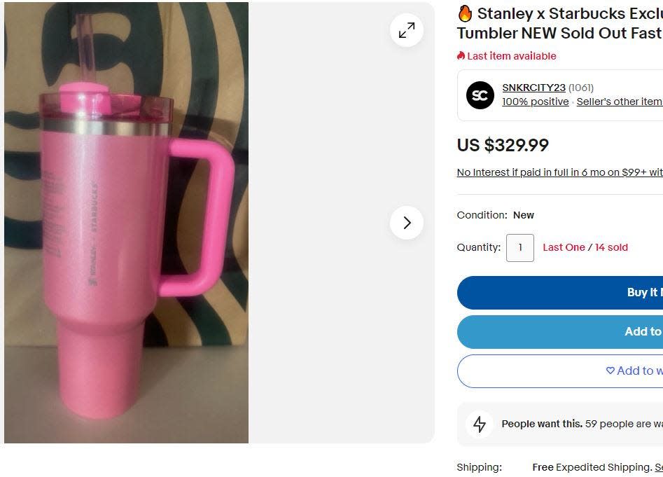 This limited-edition Valentine's Day Stanley cups was being sold on Ebay for $329 Monday, Jan. 8 2024. It originally retailed for just under $50 at Target.