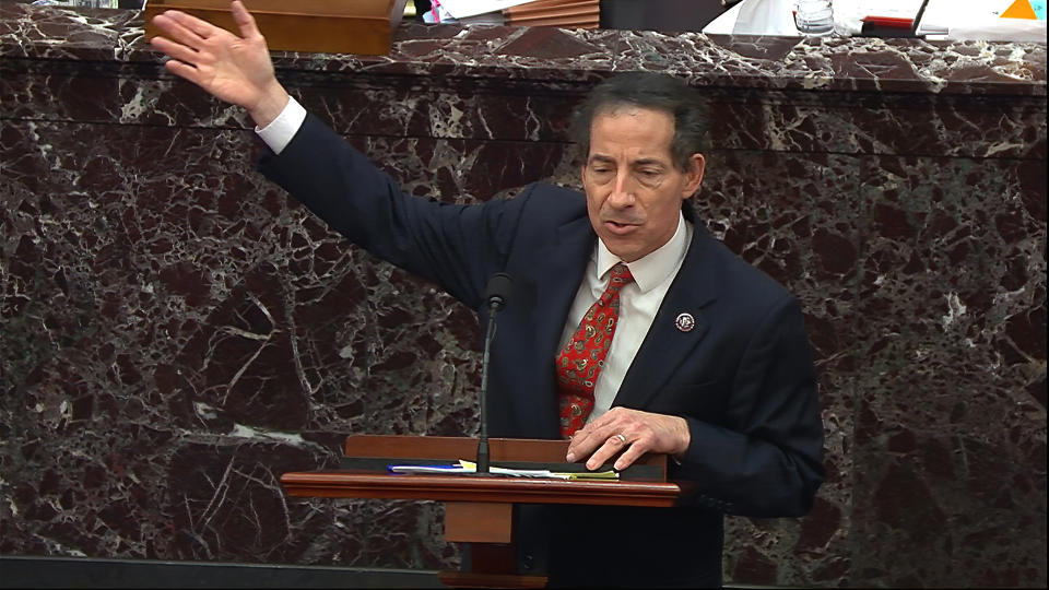 In this image from video, House impeachment manager Rep. Jamie Raskin, D-Md., answers a question from Sen. Ted Cruz, R-Texas, during the second impeachment trial of former President Donald Trump in the Senate at the U.S. Capitol in Washington, Friday, Feb. 12, 2021. (Senate Television via AP)