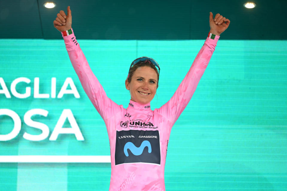 Annemiek van Vleuten on the podium as leader of the 2022 Giro d'Italia