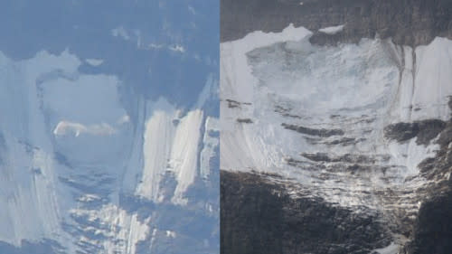 Parks Canada - A photo taken hours before the Ghost Glacier fell is compared with a photo taken after.