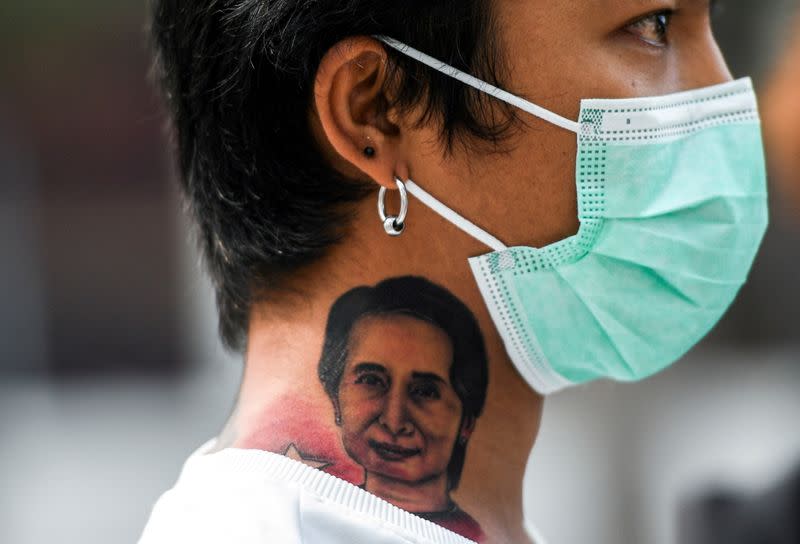 Myanmar citizens protest against the military coup in Myanmar outside United Nations venue, in Bangkok