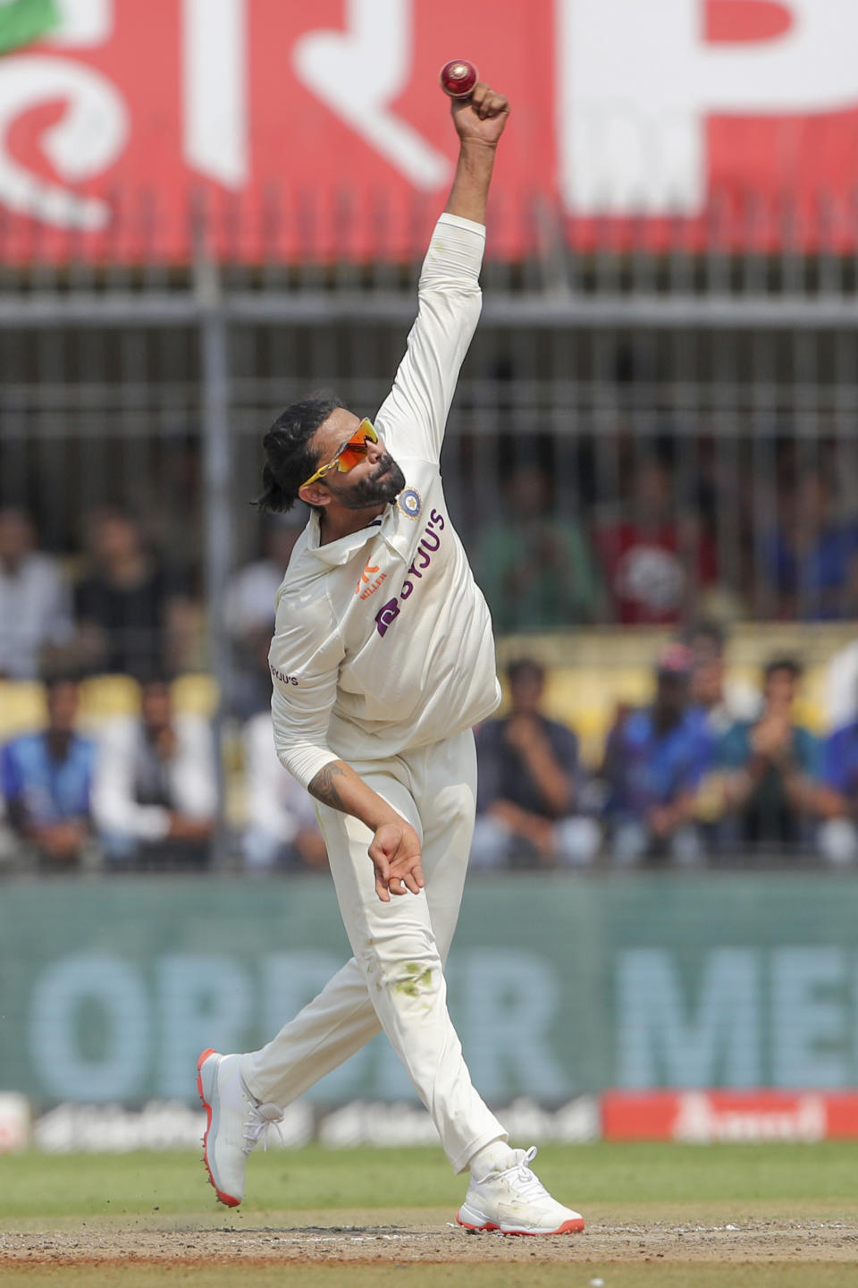 India's Ravindra Jadeja bowls a delivery during the first day of third cricket test match between India and Australia in Indore, India, Wednesday, March 1, 2023. (AP Photo/Surjeet Yadav)