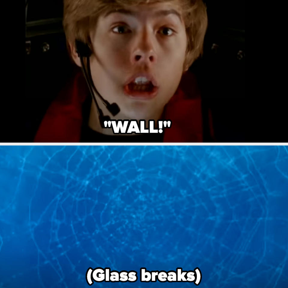 Two-panel image with top showing a person shouting "WALL!" and bottom depicting breaking glass with text "(Glass breaks)"