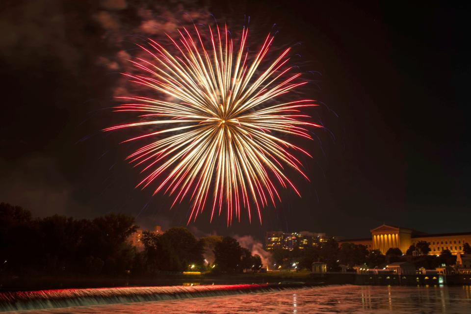 Independence Day fireworks erupt over the Philadelphia Art Museum on July 4, 2021 in Philadelphia, Pennsylvania.