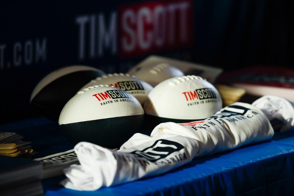 Tim Scott merchandise is seen during Washington Night hosted by Fourth District Republican Club at Historic Greer Depot in Greer, S.C., on Wednesday, Aug. 10, 2023.