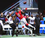 <p>Julio Jones #11 of the Atlanta Falcons goes up for a pass against Marlon Humphrey #29 of the Baltimore Ravens at Mercedes-Benz Stadium on December 2, 2018 in Atlanta, Georgia. (Photo by Scott Cunningham/Getty Images) </p>