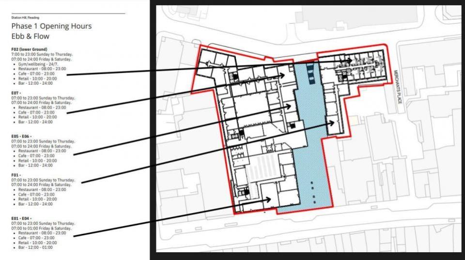 Reading Chronicle: Proposals for retail and eatery opening hours for commercial space at the Ebb & Flow section of the Station Hill development in Reading town centre. Credit: Station Hill consortium