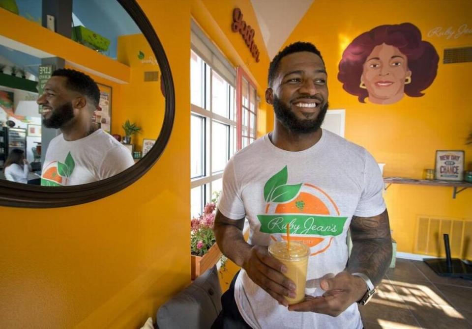 Chris Goode is the founder of Ruby Jean’s Juicery. The business is named for his grandmother. A portrait of her can be seen on the wall behind Goode.