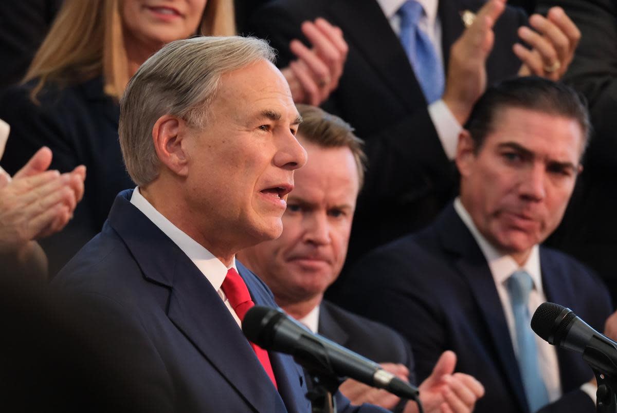 Gov. Greg Abbott delivers remarks before signing a property tax cut bill at The Atrium Center in New Caney, on Aug. 9, 2023.