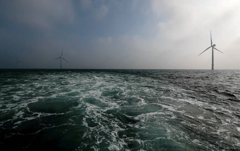 FILE PHOTO: Power-generating windmill turbines are seen at the Eneco Luchterduinen offshore wind farm near Amsterdam