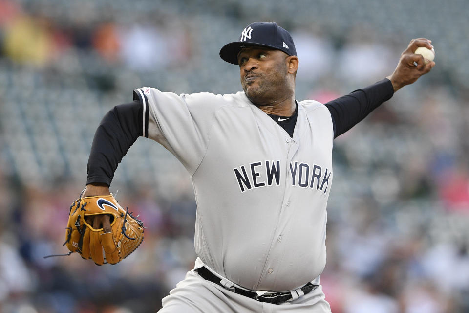 New York Yankees' CC Sabathia pitches during the first inning of the team's baseball game against the Baltimore Orioles, Wednesday, May 22, 2019, in Baltimore. (AP Photo/Nick Wass)