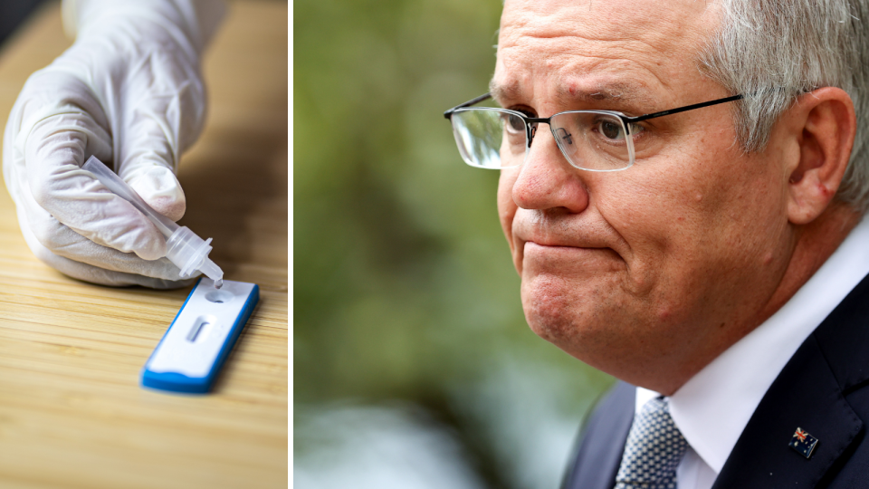 A gloved hand using a rapid antigen test and Scott Morrison looking concerned.