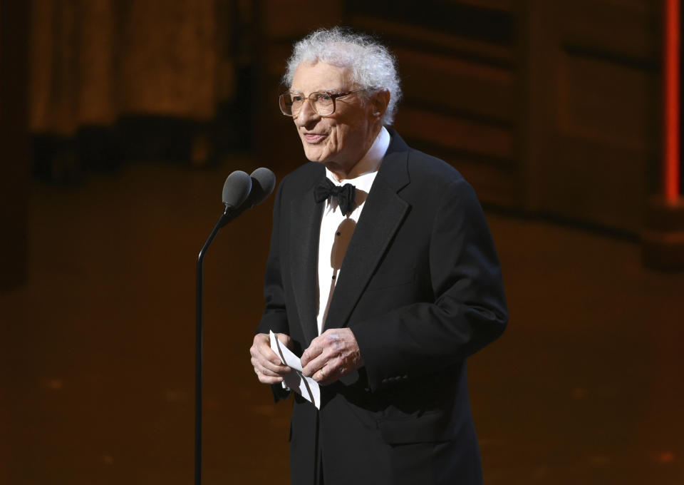 FILE - Sheldon Harnick accepts the special Tony Award for lifetime achievement in the Theatre at the Tony Awards at the Beacon Theatre on Sunday, June 12, 2016, in New York. Harnick, who with composer Jerry Bock made up the premier musical-theater songwriting duos of the 1950s and 1960s with shows such as "Fiddler on the Roof," "Fiorello!" and "The Apple Tree," died Friday. He was 99. (Photo by Evan Agostini/Invision/AP, File)