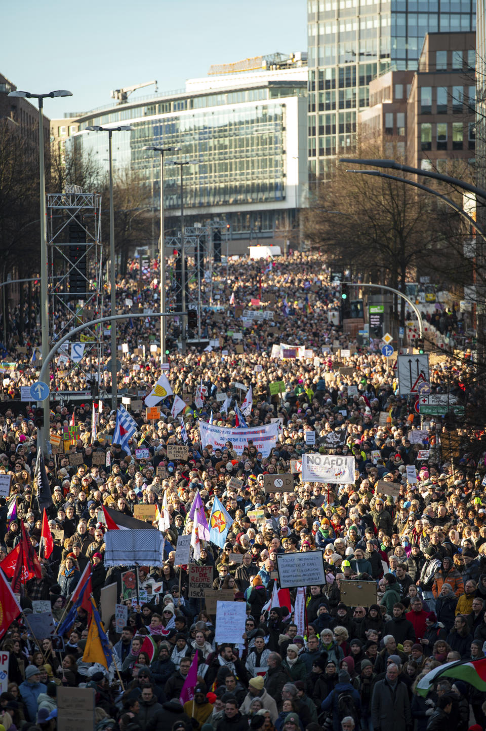 Anti right-wing demonstrators take part in a protest in Hamburg, Germany, Sunday, Jan. 28, 2024. (Jonas Walzberg/dpa via AP)