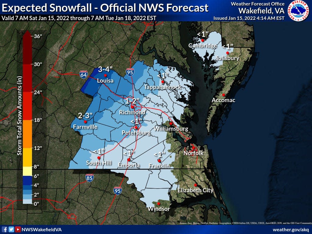 This map from the National Weather Service in Wakefield shows the expected amount of snowfall Sunday across Virginia. The Tri-City area is at the low end of the scale with around an inch of snow predicted.