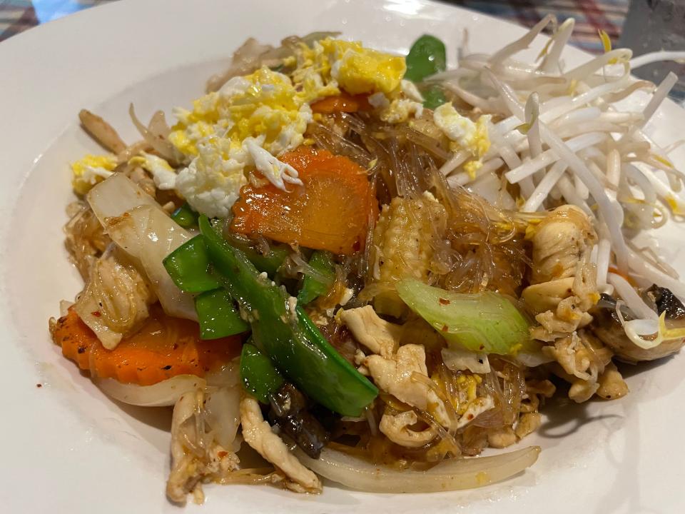 Pad woonsen at Thai Bistro in Tellico Village is made with stir-fried glass bean threads with baby corn, cabbage, mushrooms, carrots, snow peas, scallions, egg and onions and your choice of meat.