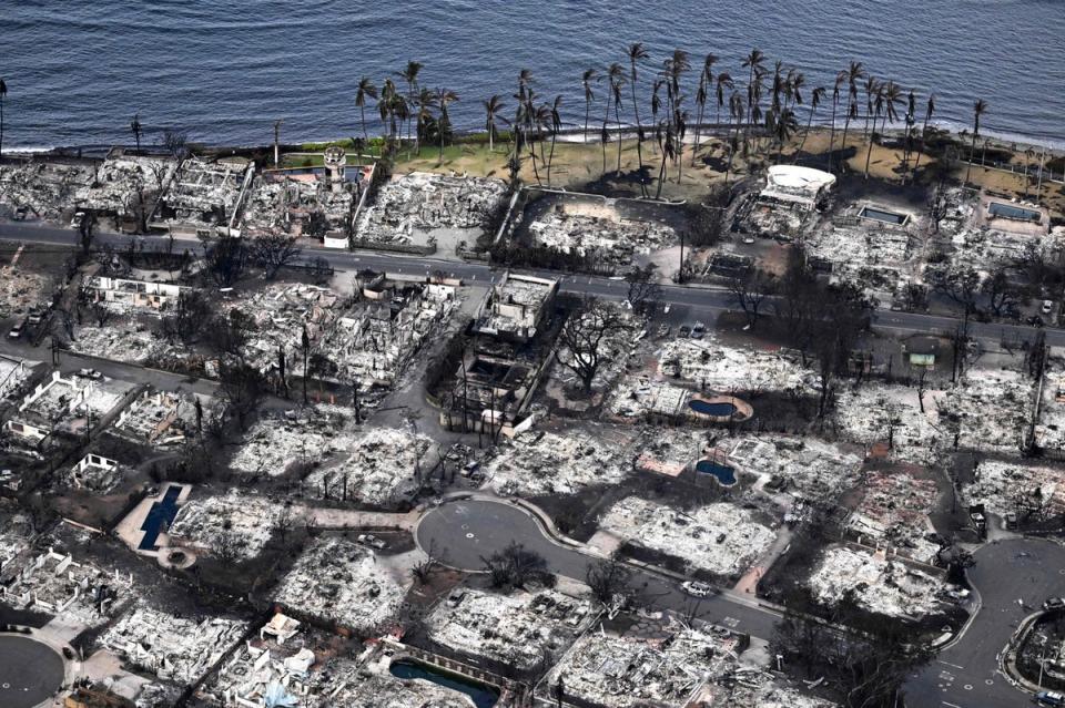 An aerial image taken on August 10 shows destroyed homes and buildings burned to the ground in Lahaina in the aftermath of wildfires in western Maui, Hawaii (AFP via Getty Images)