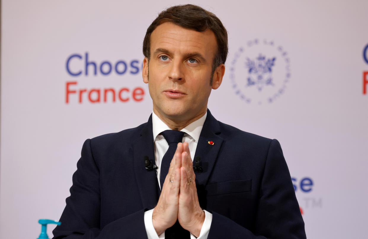 French President Emmanuel Macron delivers a speech at the opening session of the Choose France video-conference meeting at the Elysee Palace in Paris, Monday, Jan. 25, 2021. The video-conference gathers a hundred leaders of major foreign groups who were due to attend the Choose France Summit, which has been postponed because of the COVID-19 pandemic. (Ludovic Marin / POOL via AP)