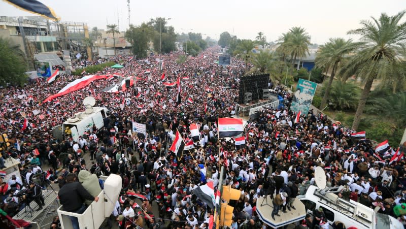 Supporters of Iraqi Shi'ite cleric Moqtada al-Sadr protest against what they say is U.S. presence and violations in Iraq, during a demonstration in Baghdad