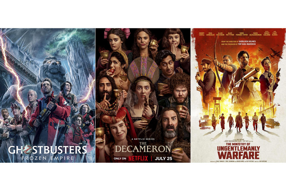 This combination of photos show promotional art for the film "Ghostbusters: Frozen Empire," left, the series "The Decameron," center, and "The Ministry of Ungentlemanly Warfare." (Columbia Pictures/Netflix/Lionsgate via AP)