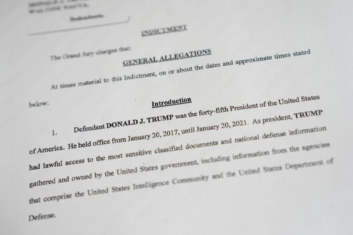 A copy of the indictment of former President Donald Trump and Trump aide Walt Nauta, brought by the U.S. Justice Department. They're charged with dozens of counts of allegedly violating eight federal statutes related to the handling of classified documents after the former president left the White House, according to the 44-page indictment unsealed June 9, 2023.