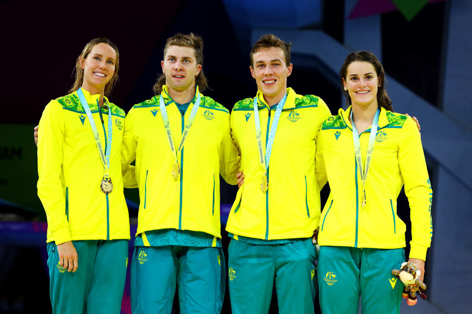 Emma McKeon, Matthew Temple, Zac Stubblety-Cook and Kaylee McKeown, pictured here after winning the mixed 4x100m medley relay at the Commonwealth Games.