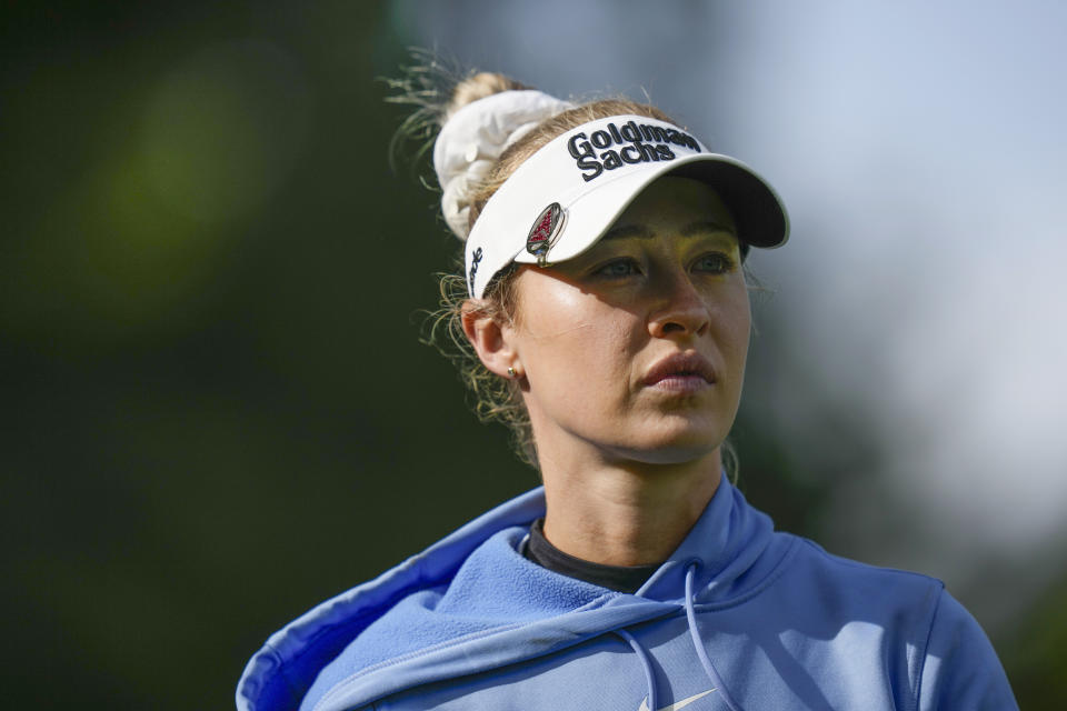 Nelly Korda watches her shot off the 13th tee during the first round of the LPGA Cognizant Founders Cup golf tournament Thursday, May 9, 2024, in Clifton, N.J. (AP Photo/Seth Wenig)