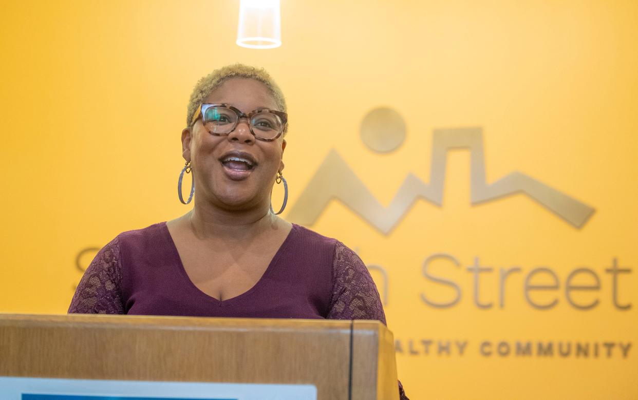 Arnitta Holliman, director of the Office of Violence Prevention, speaks during a news conference stressing the importance of community resources for suicide prevention at the Sixteenth Street National Ave. Clinic in Milwaukee on Wednesday, March 30, 2022.