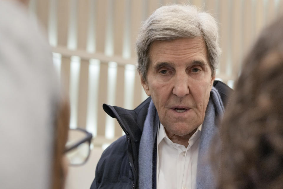 John Kerry, U.S. Special Presidential Envoy for Climate arrives to attend the Annual Meeting of World Economic Forum in Davos, Switzerland, Tuesday, Jan. 16, 2024. The annual meeting of the World Economic Forum is taking place in Davos from Jan. 15 until Jan. 19, 2024.(AP Photo/Markus Schreiber)