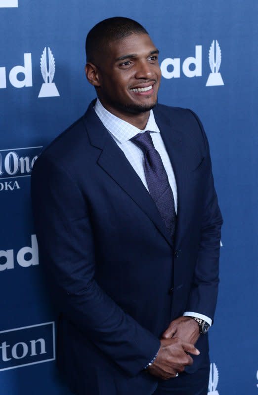 Michael Sam attends the 27th annual GLAAD Media Awards at the Beverly Hilton Hotel in Beverly Hills, Calif., on April 2, 2016. On May 10, 2014, Sam, former Missouri defensive end, was drafted in the seventh round by the St. Louis Rams -- the first openly gay player to be selected by an NFL team. File Photo by Jim Ruymen/UPI