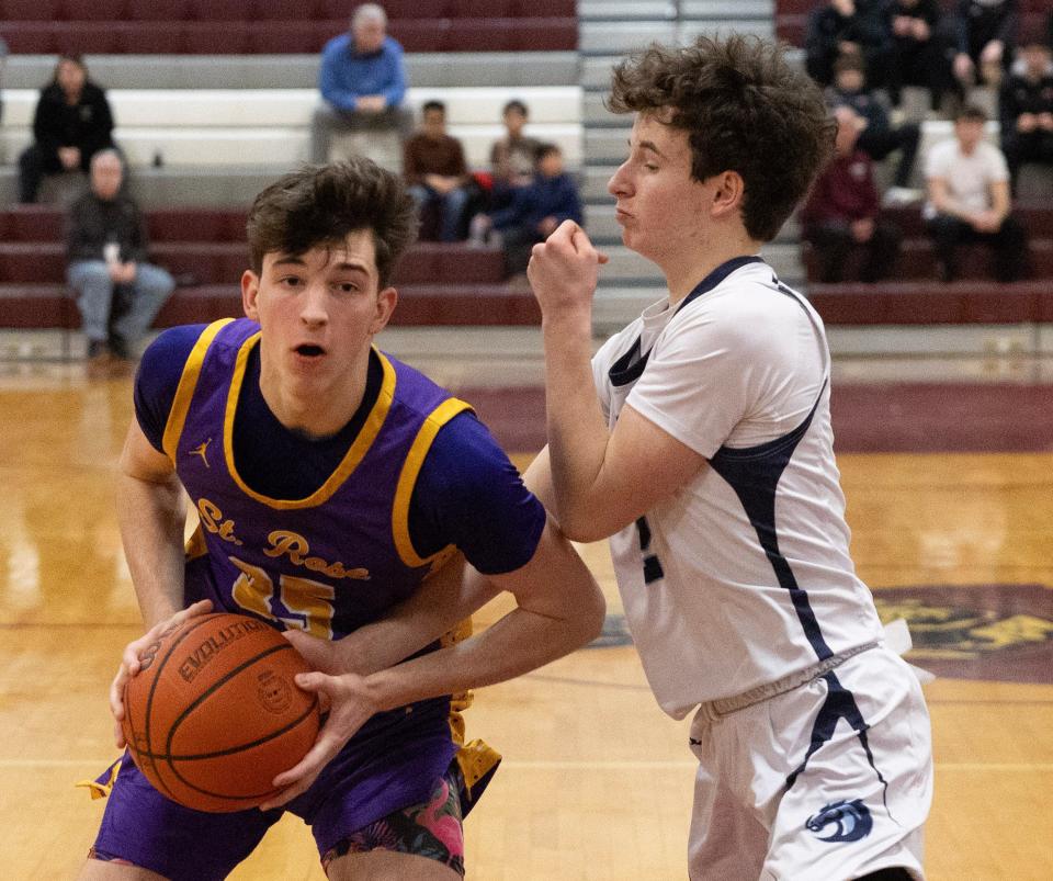 St. Rose Evan Romano drives to basket and shoots. St. Rose Boys Basketball vs Christian Brothers Academy in SCT Semifinals on February 14, 2024 in Red Bank. NJ