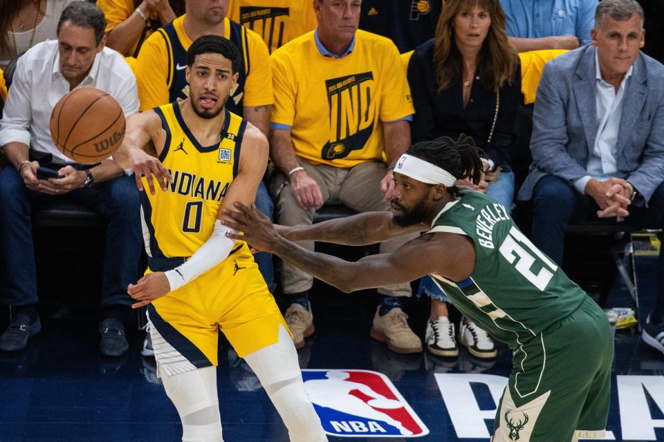 Milwaukee Bucks guard Patrick Beverley guards Indiana Pacers' Tyrese Haliburton during Game 6 of the first-round playoff series.