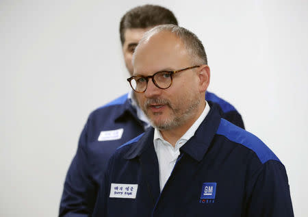 Barry Engle, head of GM's international operations, speaks during a news conference in Incheon, South Korea, April 23, 2018. Yonhap via REUTERS