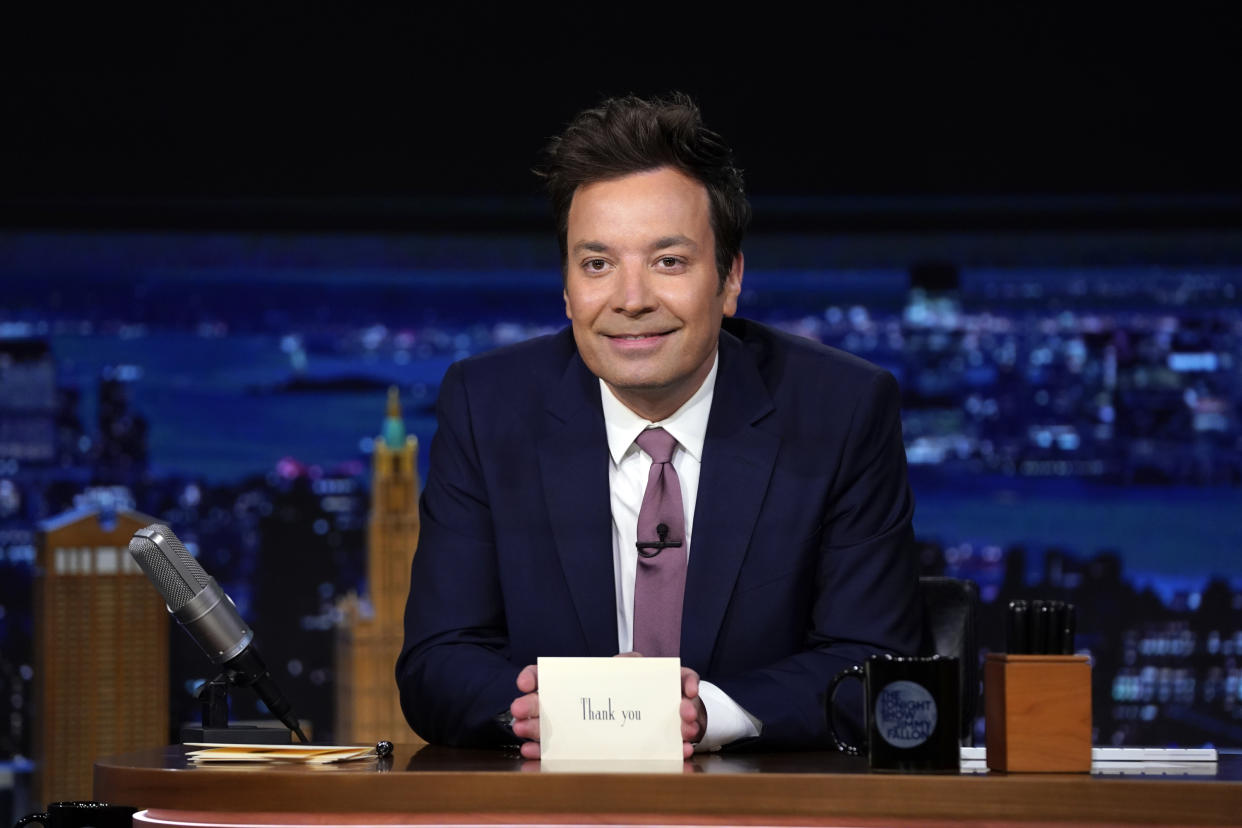 THE TONIGHT SHOW STARRING JIMMY FALLON -- Episode 1842 -- Pictured: Host Jimmy Fallon during Thank You Notes on Friday, April 28, 2023 -- (Photo by: Rosalind O'Connor/NBC via Getty Images)