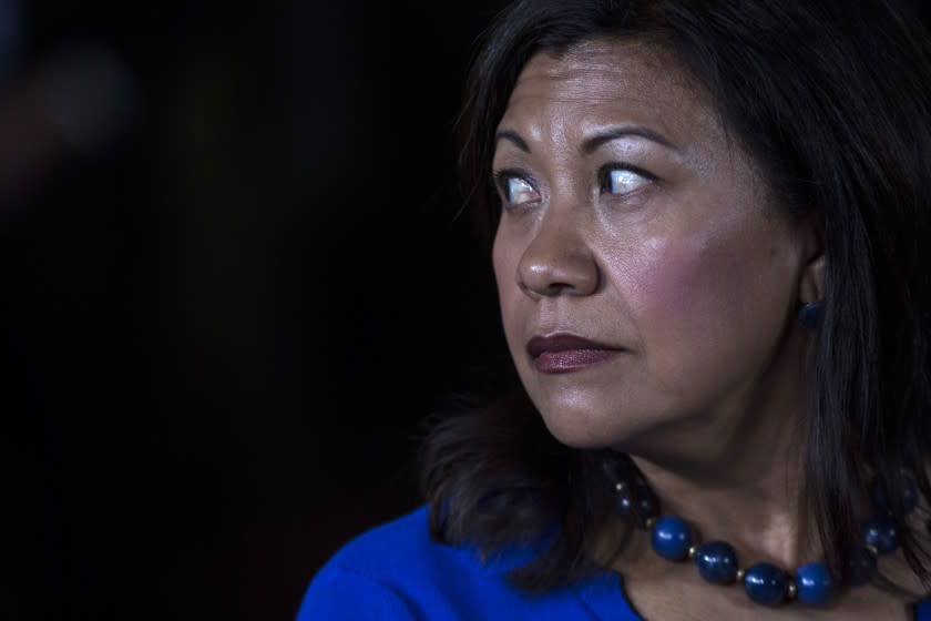 U.S. Rep. Norma Torres, D-Calif., attends a news conference with a U.S. delegation, including House Speaker Nancy Pelosi, at the air force base in Guatemala City, Thursday, Aug. 8, 2019. The U.S. congressional delegation is seeking to explore the causes of immigration amid a crisis of migrants on the southern U.S. border. (AP Photo/Oliver de Ros)