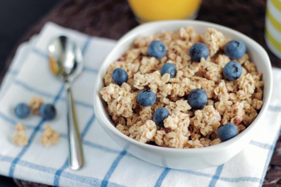 Bowl of oatmeal topped with blueberries