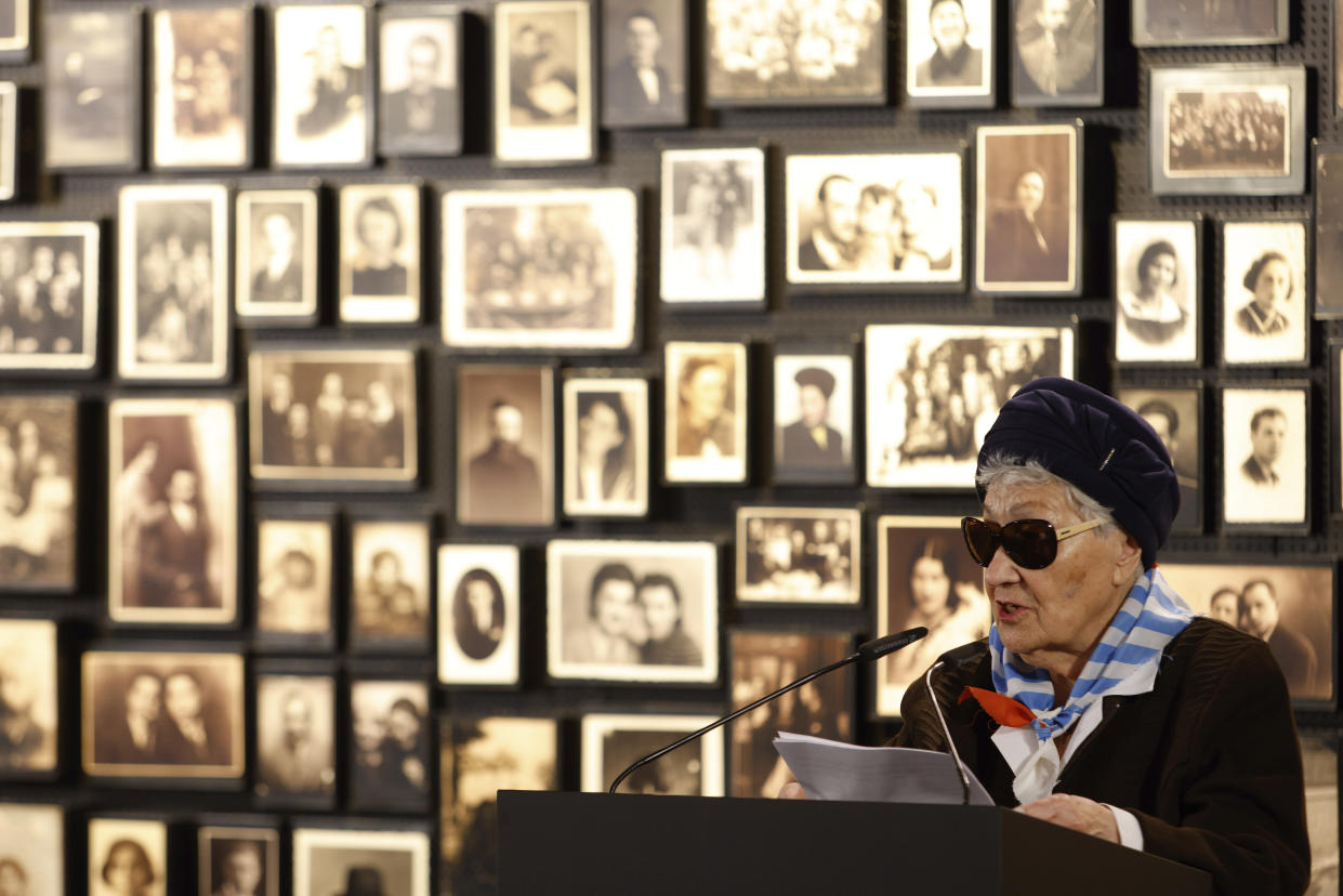Holocaust survivor, Zdzislawa Wlodarczyk, delivers a speech during a ceremony in the former Nazi German concentration and extermination camp Auschwitz during ceremonies marking the 78th anniversary of the liberation of the camp in Brzezinka, Poland, Friday, Jan. 27, 2023. (AP Photo/Michal Dyjuk)