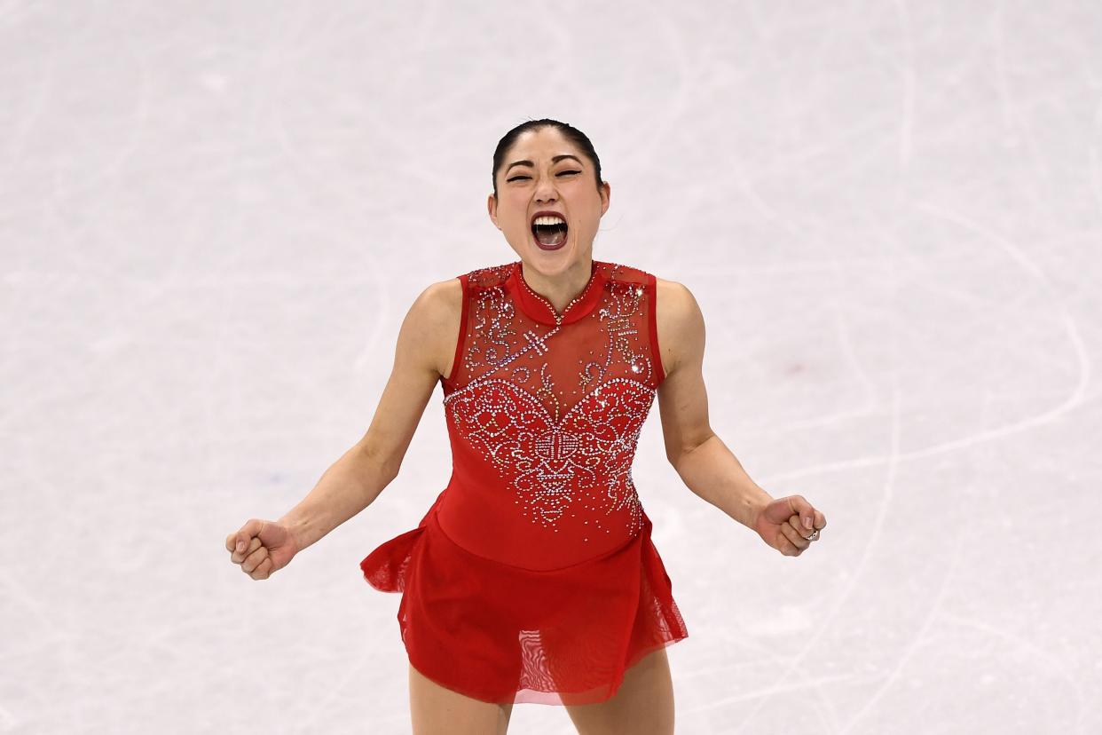Mirai Nagasu&nbsp;gives herself a well-deserved cheer after&nbsp;her performance in the figure skating team event at the 2018 Winter Olympics. (Photo: ARIS MESSINIS/AFP/Getty Images)