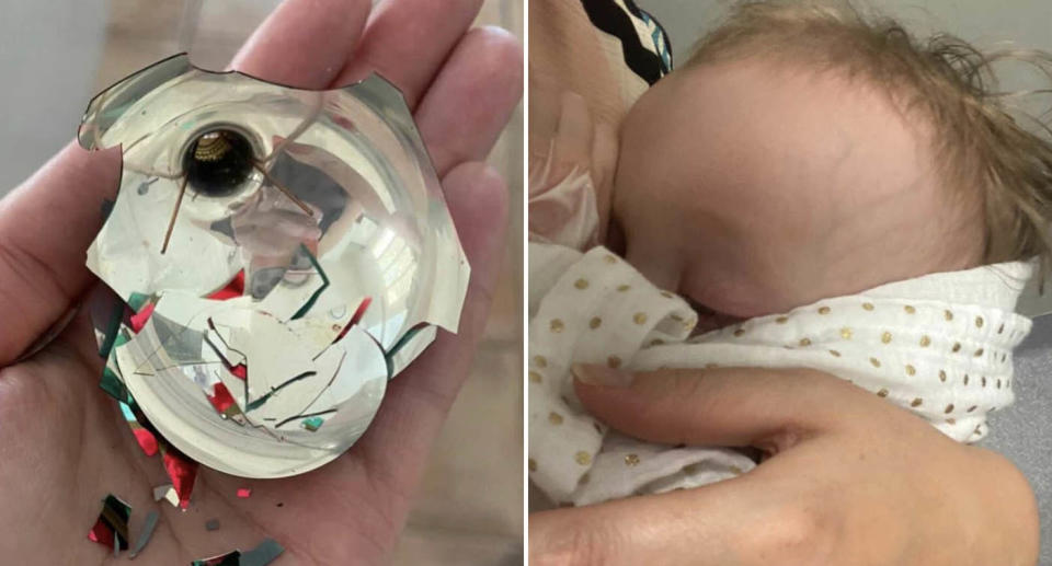 Savannah, 14 months old, is pictured along with a smashed Christmas bauble. 