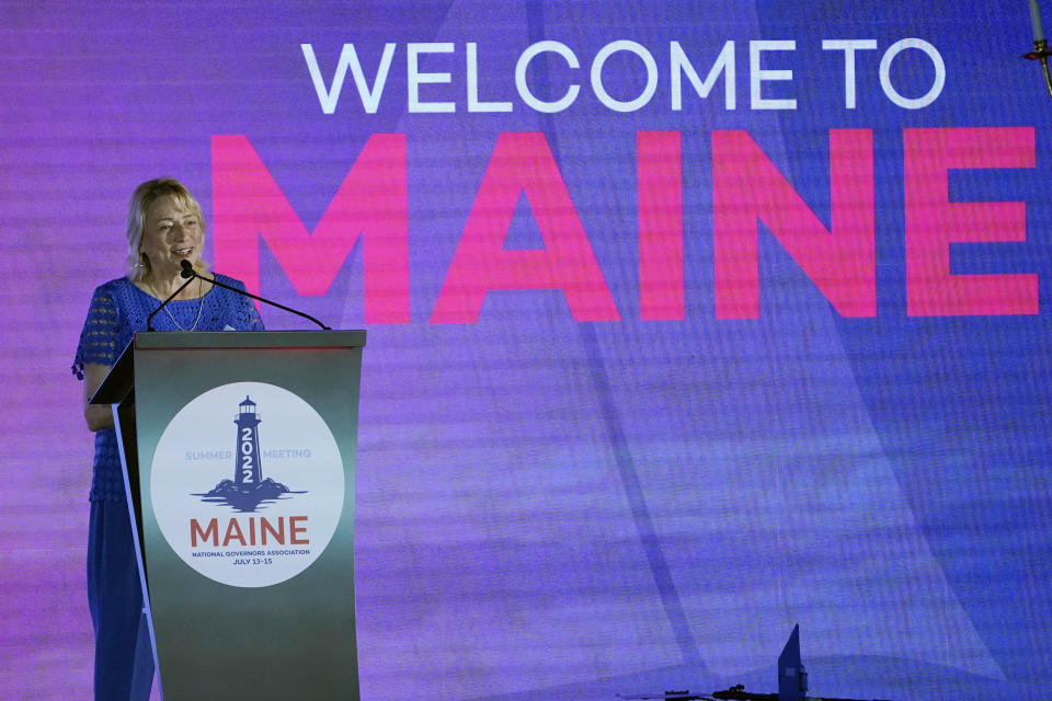 FILE - Maine Gov. Janet Mills speaks at the National Governors Association summer meeting, Thursday, July 14, 2022, in Portland, Maine. Threats against election officials have risen to such a level, at the recent National Governors Association meeting , security precautions were extremely tight, a sign of how the threat of political violence has grown since the 2020 presidential election. (AP Photo/Robert F. Bukaty, File)