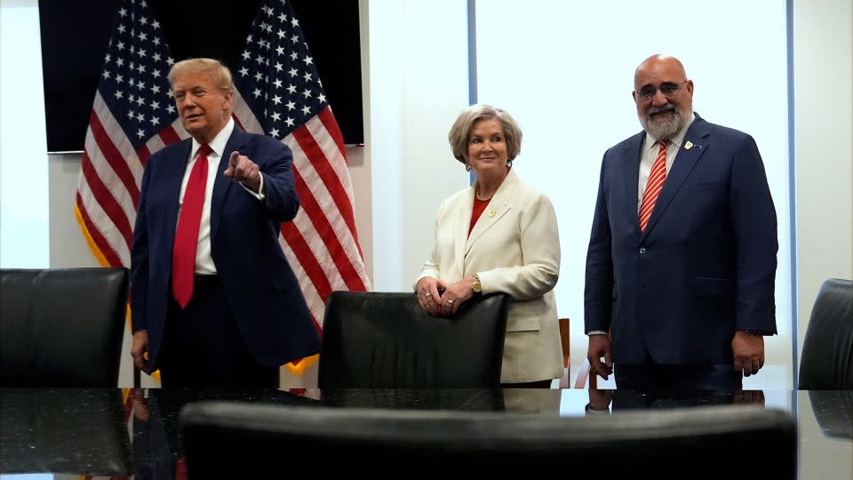 Susie Wiles joines Republican presidential nominee, former President Donald Trump as he meets with Ukraine's President Volodymyr Zelenskyy at Trump Tower in New York, on September 27, 2024. - Julia Demaree Nikhinson/AP