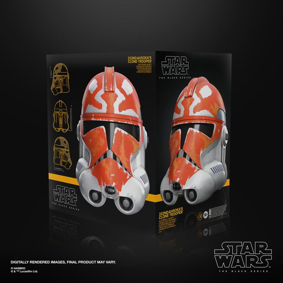 Star Wars The Black Series Ahsoka's Clone Trooper Premium Electronic Helmet product shots on a black background