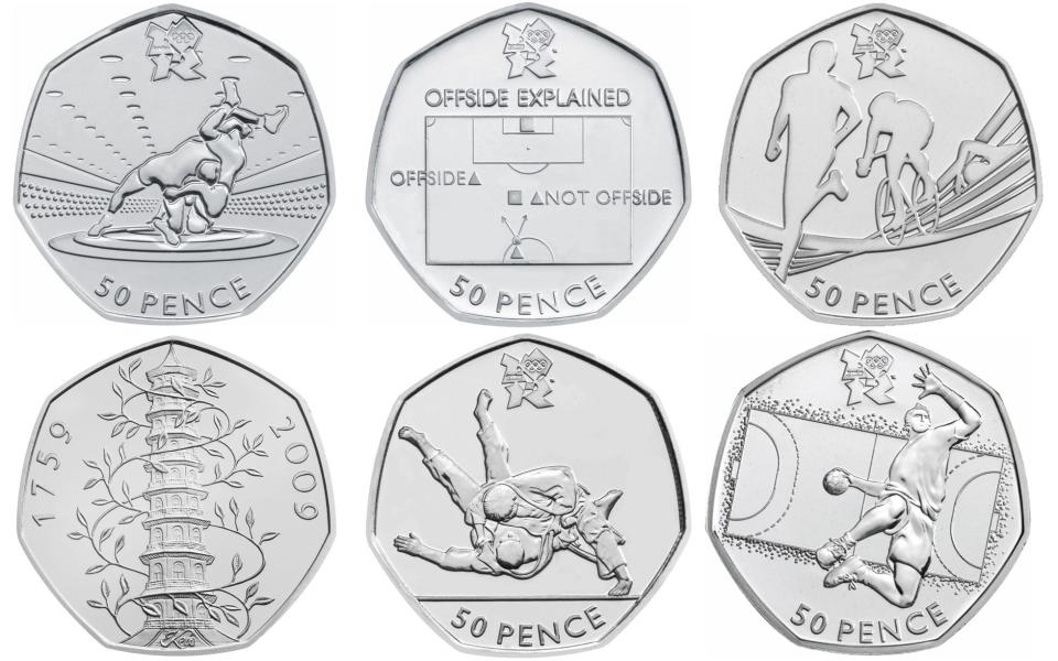 Just six of the 54 50p coins in circulation. The Kew Gardens 50p (bottom, far left) is the rarest 50p and worth a significant sum