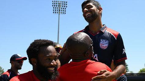 Saurabh Netravalkar of USA celebrates victory with teammates during the ICC Men's T20 Cricket World Cup West Indies & USA 2024 match between USA and Pakistan at Grand Prairie Cricket Stadium on June 06, 2024 in Dallas, Texas