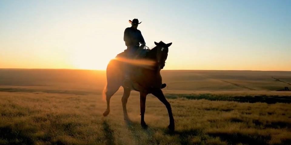 A still image from one of Veo's creations, a cowboy riding a horse at sunset.