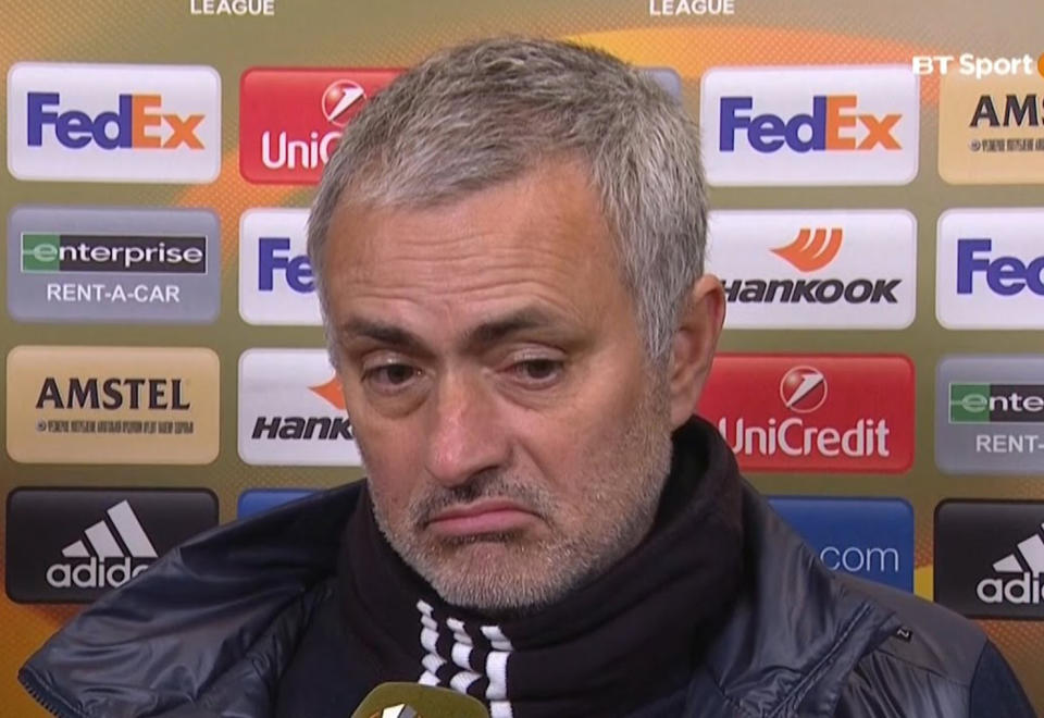 Jose Mourinho trying to decide whether he should walk out of an interview or just look very cross, confused or insulted instead.