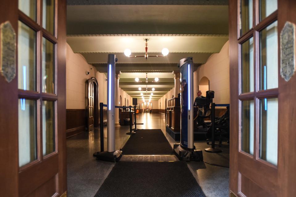 One of four weapons detection systems at one of the entrances of the state Capitol in Lansing, pictured Wednesday, March 20, 2024.