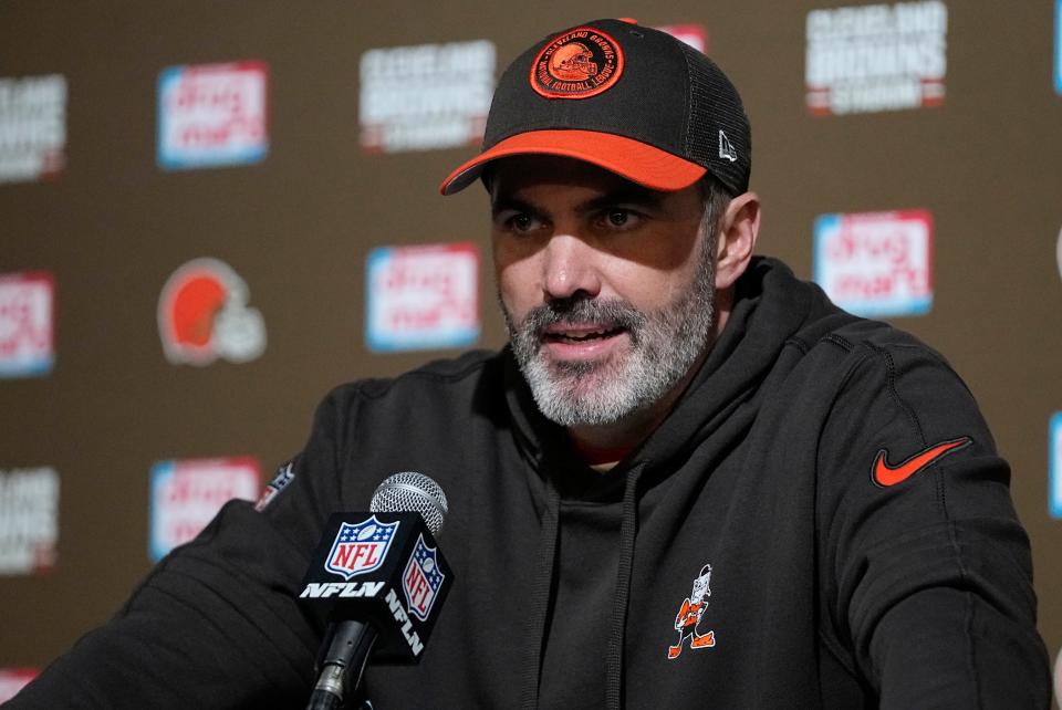 Browns head coach Kevin Stefanski speaks to media following a win over the Chicago Bears, Sunday, Dec. 17, 2023, in Cleveland.