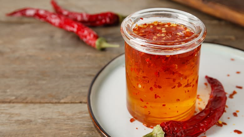 jar of hot honey with peppers