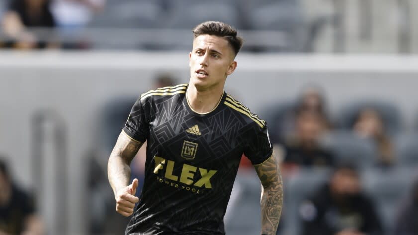 LAFC's Brian Rodríguez runs down field against the Colorado Rapids during an MLS match Feb. 26, 2022.